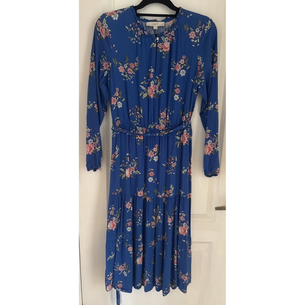 Ann Taylor Loft Midi Dress Blue Floral Cottagecore Prairie Long Sleeve Sz 6